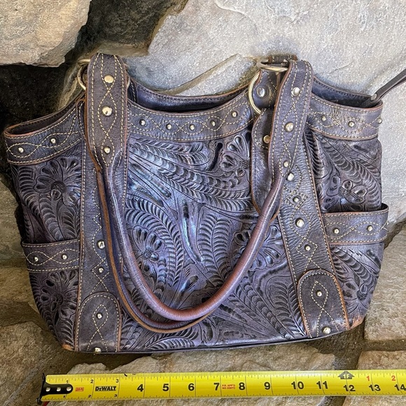 American West Tooled Leather Purse Purple - Picture 7 of 10